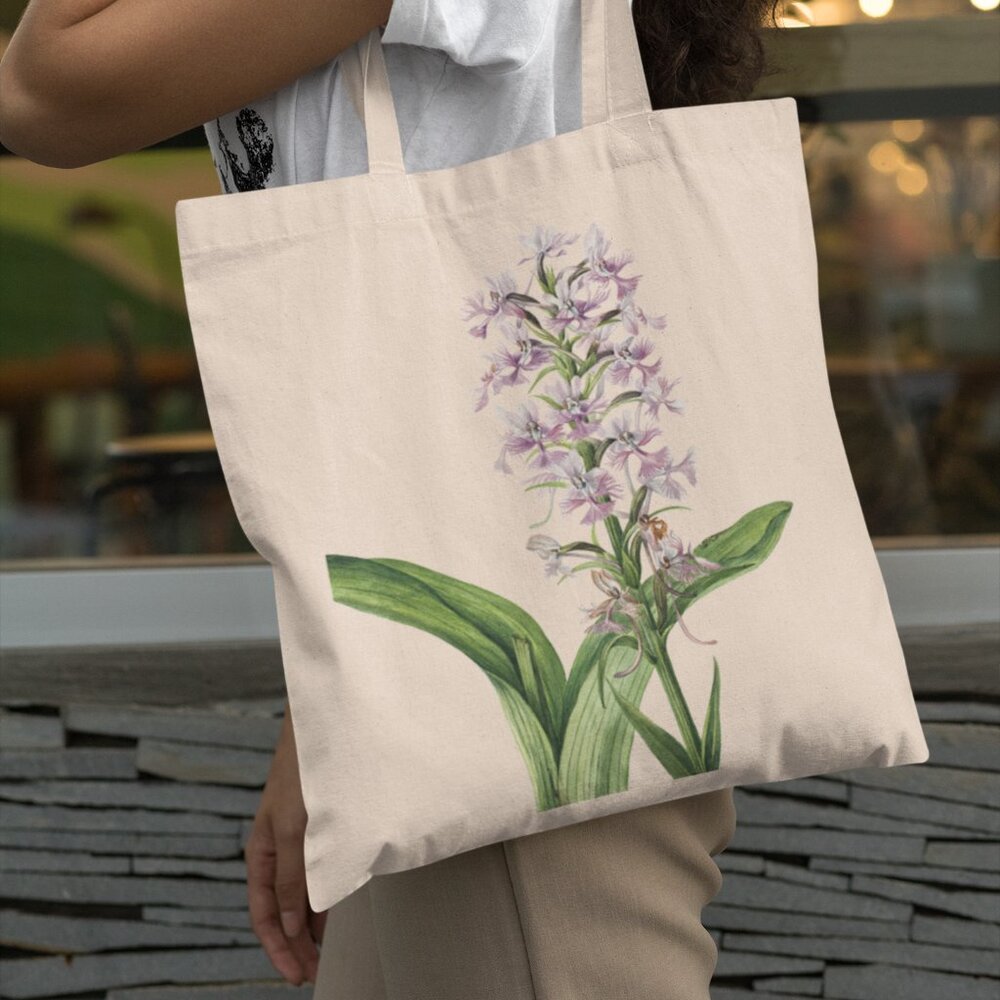 Greater Purple Fringed Orchid Watercolor Floral Print Graphic Canvas Tote Bag